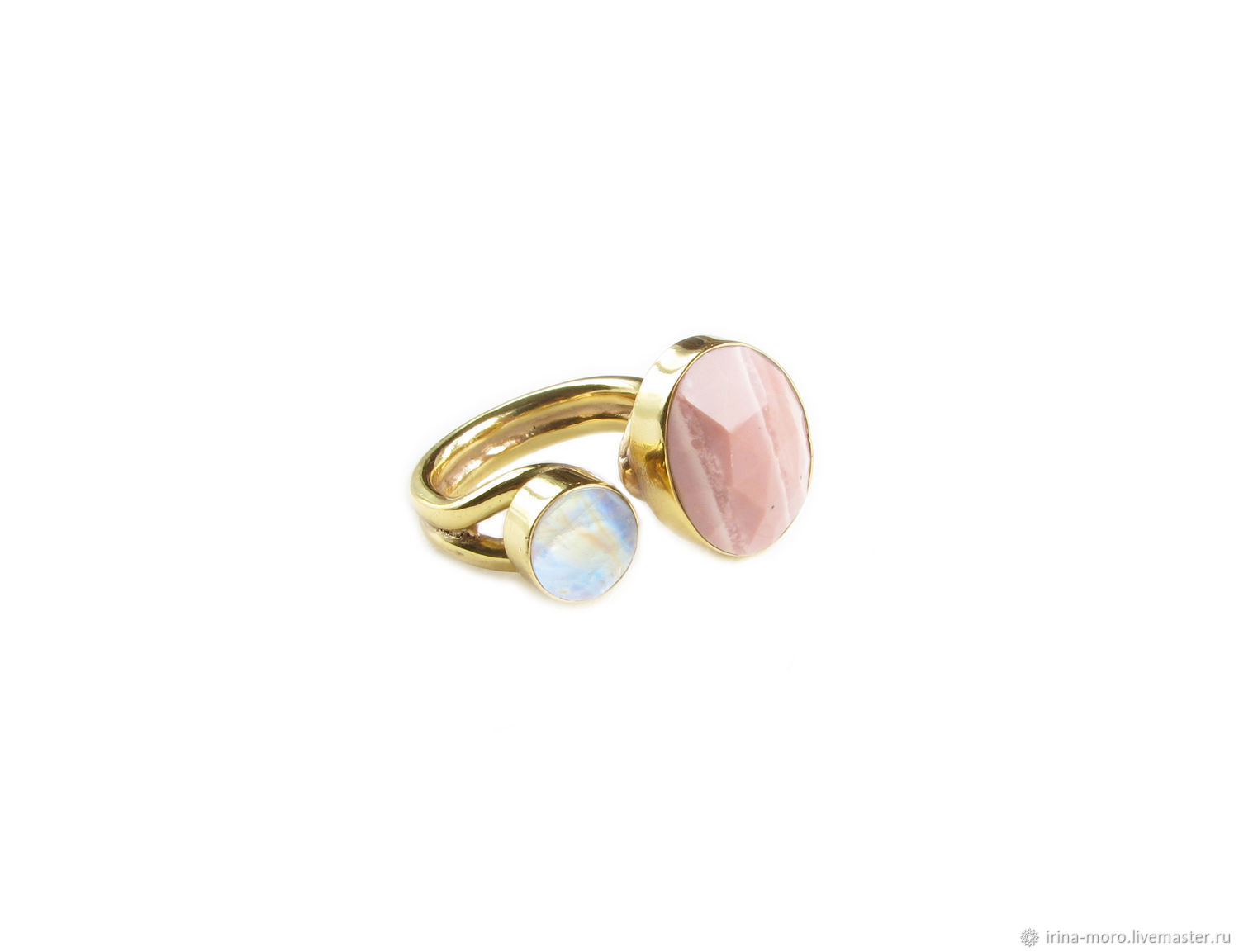 Gold ring with moonstone and rhodochrosite, large pink ring, Rings, Moscow,  Фото №1