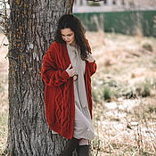 Кардиганы: Женское вязаное пальто с капюшоном оверсайз беж на заказ