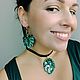 Чокер с вышитым кулоном Изумрудный лист монстеры. Кулон. Bespecial_jewelry. Интернет-магазин Ярмарка Мастеров.  Фото №2