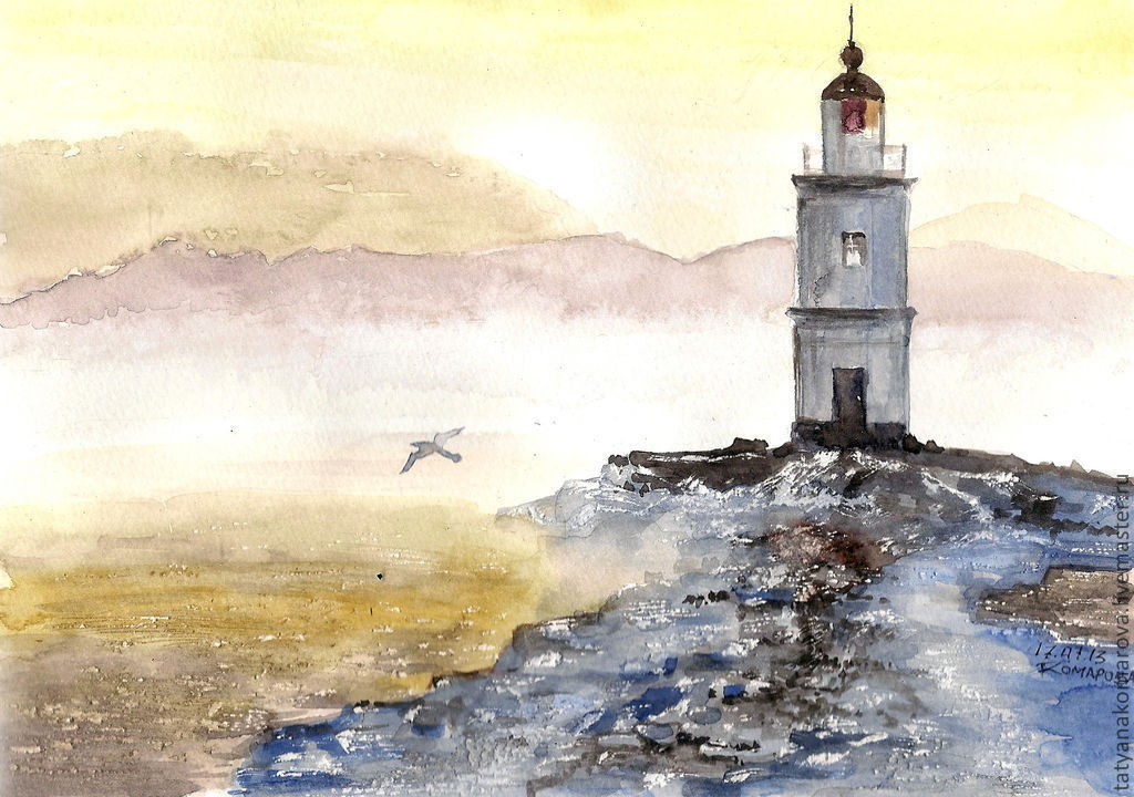 Рисунки маяка и моря акварелью