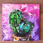 Картины и панно handmade. Livemaster - original item A picture of a cactus in a pot! oil, 10*10 cm.. Handmade.