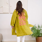 Одежда handmade. Livemaster - original item Elongated Linen Shirt color - chartreuse - pink embroidery on the back. Handmade.
