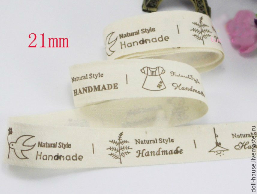 Лента хлопковая с нашивками "handmade", 21 мм в ассортименте. в ...