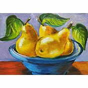 Картины и панно handmade. Livemaster - original item Painting of a pear in a blue plate. Handmade.