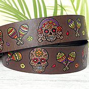 Аксессуары handmade. Livemaster - original item Sugar Skull Leather Belt, Brown Leather Belt. Handmade.