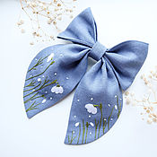 Украшения handmade. Livemaster - original item Bow with embroidery - Snowdrops (linen blue fabric). Handmade.