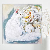 Картины и панно handmade. Livemaster - original item Painting with peonies and a white cat 