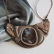 Brooch with Jasper. Jewelry made of leather and stone