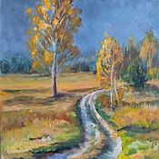 Картины и панно handmade. Livemaster - original item Oil painting Road autumn landscape golden time. Handmade.