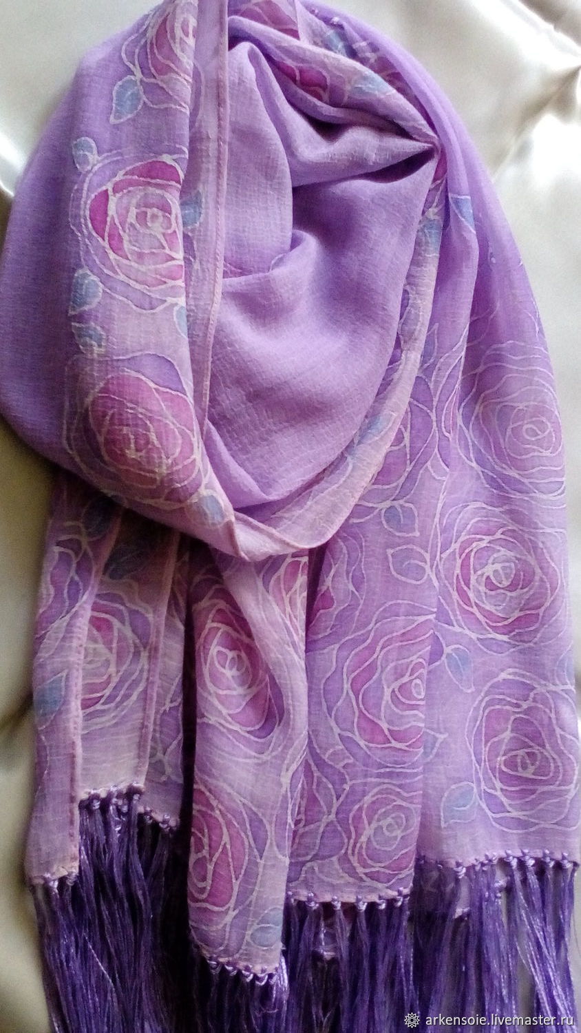 Lilac scarf,painting on muslin-Reaper,hot batik,220h55 cm, Wraps, Novosibirsk,  Фото №1