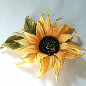 Украшения handmade. Livemaster - original item Brooch-clip: Sunflower flower made of silk with an embroidered middle.. Handmade.