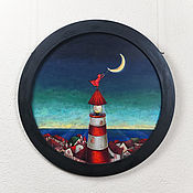 Картины и панно handmade. Livemaster - original item The circle painting on wood 60sm "Night lighthouse". Handmade.