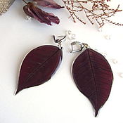Украшения handmade. Livemaster - original item Earrings with Real Leaves of Wine Color Rhodium Cubic Zirconia Resin. Handmade.