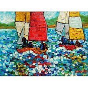 Картины и панно handmade. Livemaster - original item Mini painting sailboats oil painting miniature sails. Handmade.