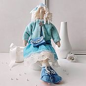 Кукла Тильда: Ангел в синем платье в белый горошек