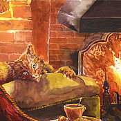 Картины и панно handmade. Livemaster - original item Warming watercolor drawing the Warmth of a fireplace and a cat. Handmade.