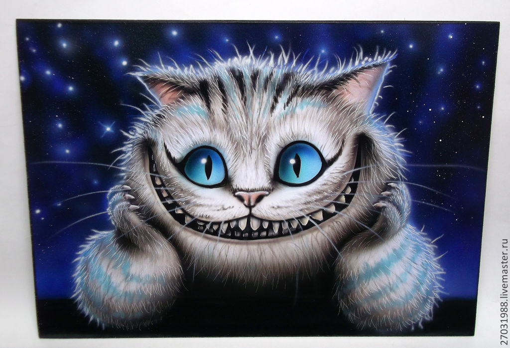 Picture of the Cheshire cat  under a starry sky glows in 