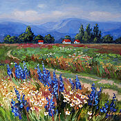 Картина маслом "Ромашки в голубом" букет цветов