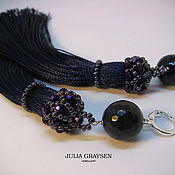 Earrings with tassels and fullerenes beaded and simulated pearl grey rose