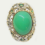 Украшения handmade. Livemaster - original item 925 sterling silver ring with natural chrysoprase cabochon and emeralds. Handmade.