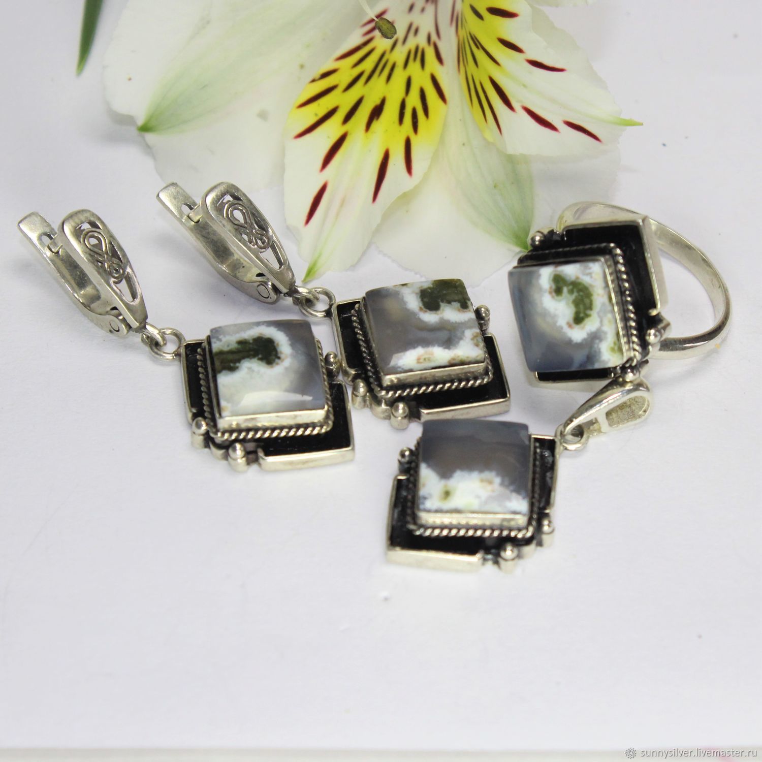 Серьги, кольцо, кулон Пейтон с агатами из серебра 925 DD0009-2 купить в ...