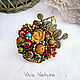 Handmade designer brooch-bouquet with natural stones, ceramic beads, seed beads, vintage bronze-colored metal flowers and leaves. Costume jewelry. Beautiful gift for her for any occasion.