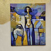 Картины и панно handmade. Livemaster - original item Nude painting Nude girl with a dog blue yellow tones. Handmade.
