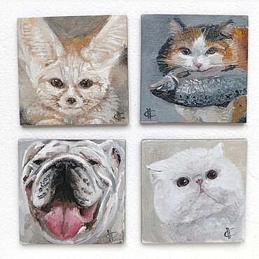 Картины и панно ручной работы. Ярмарка Мастеров - ручная работа Картина маслом/магнит Портрет питомца. Кошка Фенёк Английский бульдог. Handmade.