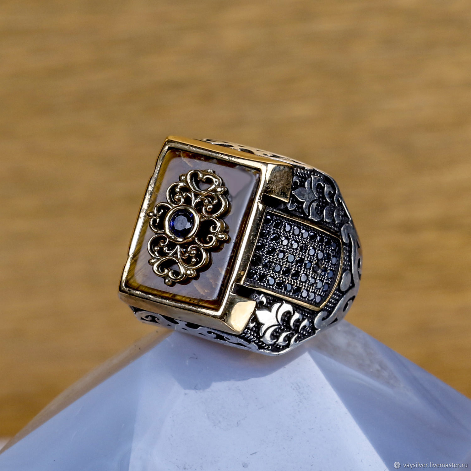  из серебра квадратный кольцо серебряное с агатом ониксом 925, Перстень, Стамбул,  Фото №1