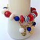 Bracelet and earrings made of natural stones and Chinese ceramics in Maritime style. Red, white and blue color scheme. Cheerful, unusual, the author's set in a romantic style.