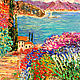 Картина ручной работы написана маслом, холст на подрамнике 40 х40 см, автор Евгения Морозова, Средиземноморский пейзаж, уютный дом среди цветущих деревьев, картина радует взор. Море в легкой дымке.