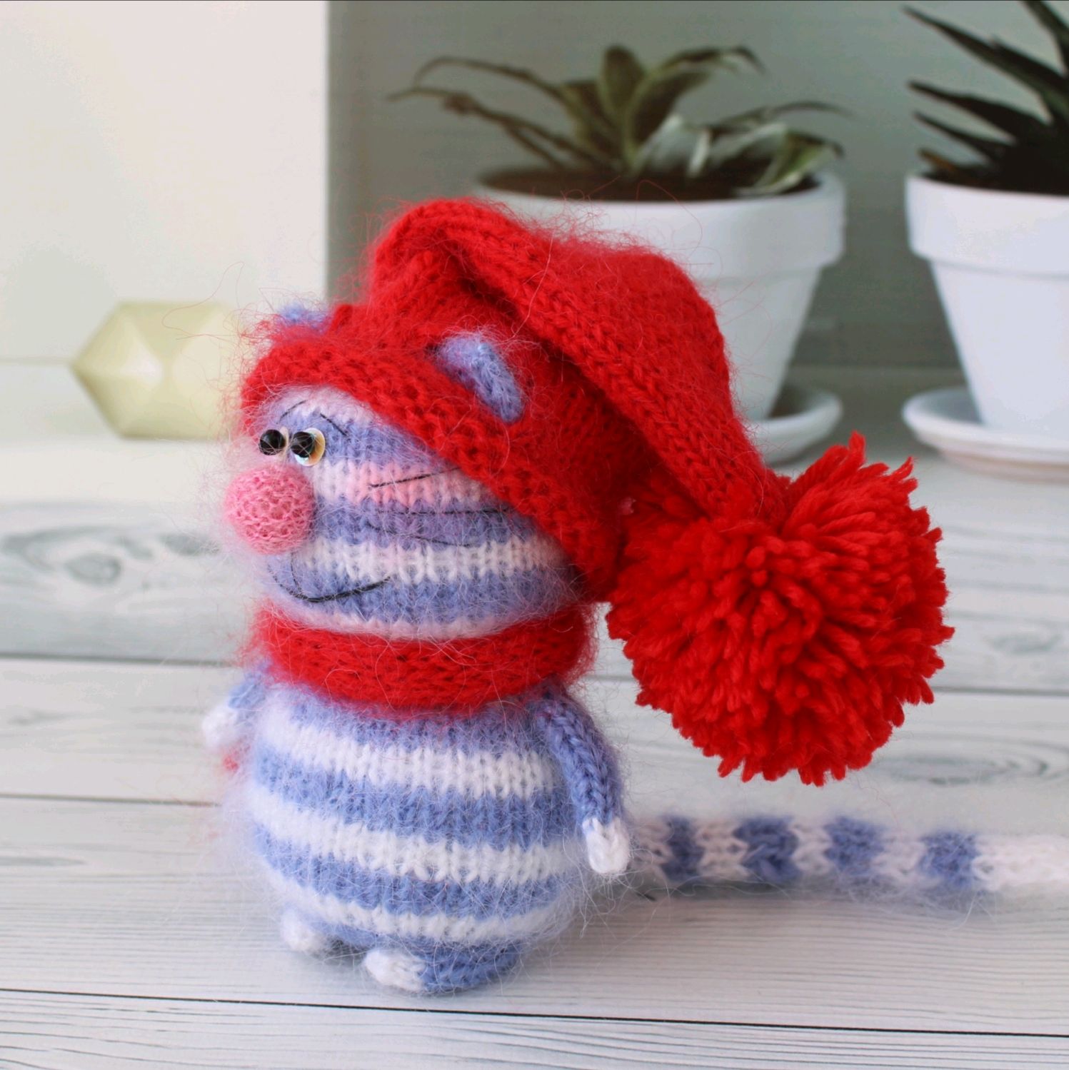 Кот полосатый в шапке маленькая игрушка котенок миниатюрный вязаный, Мягкие игрушки, Витебск,  Фото №1