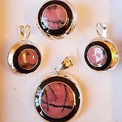 Украшения handmade. Livemaster - original item Annuk.  Earrings, ring and pendant with rhodonite and onyx in 925 silver. Handmade.