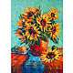 Картина с подсолнухами Букет цветов в вазе Оранжевый Синий Холст Масло, Картины, Миасс,  Фото №1