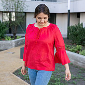 Одежда handmade. Livemaster - original item Linen blouse with lace and red lace-up. Handmade.