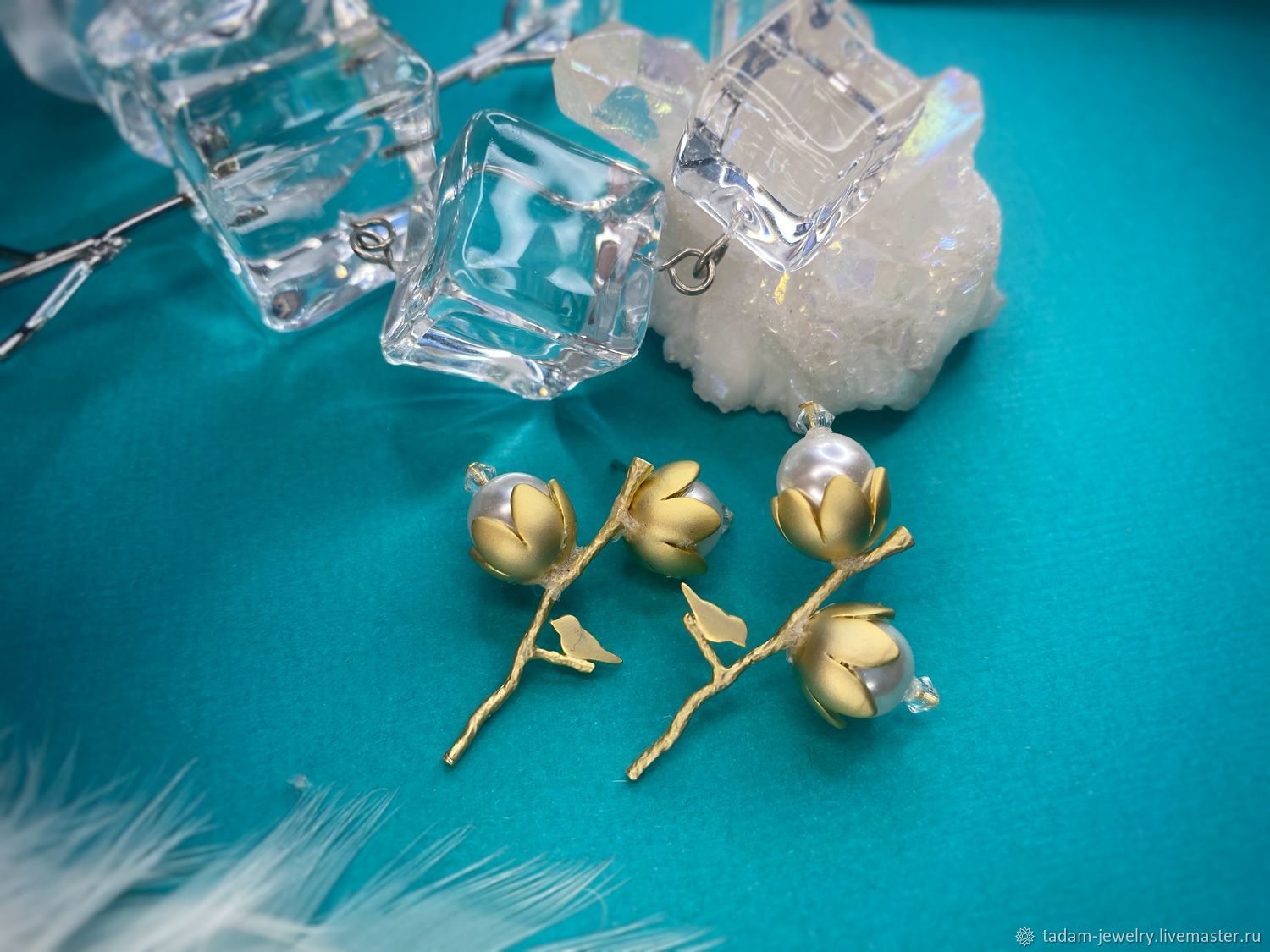 Earrings with pearls and Swarovski crystals Winter birds, Earrings, Moscow,  Фото №1