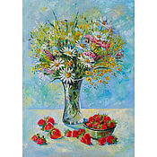 Картины и панно handmade. Livemaster - original item Oil painting of Chamomile Bouquet of wildflowers Strawberry Still Life. Handmade.