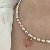 Работы для детей, handmade. Livemaster - original item Choker beads made of natural pearls and rose quartz. Handmade.
