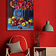 Красные цветы и яблоки на синем фоне, Картины, Нижнекамск,  Фото №1