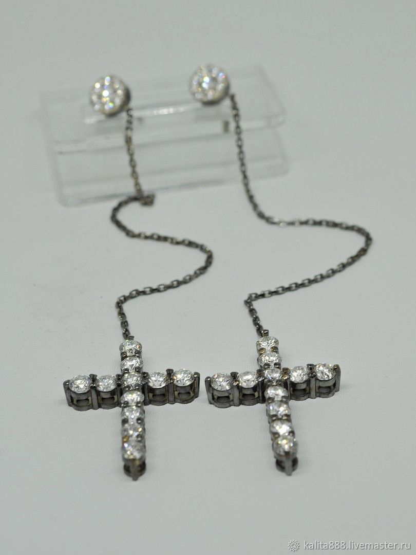 Earrings "Crosses" in white gold with diamonds with black rhodium, Earrings, Moscow,  Фото №1