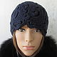 Knitted hat, openwork, half-wool dark blue, gift. Caps. Cozy corner (nadejdamoshkina). My Livemaster. Фото №5