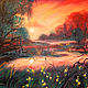 Картина маслом, пейзаж с закатом и озером, Картины, Развилка,  Фото №1