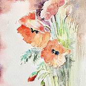Картина акварелью. Натюрморт с хризантемами и арбузом