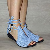 Обувь ручной работы handmade. Livemaster - original item Knitted Beauty sandals, blue cotton. Handmade.