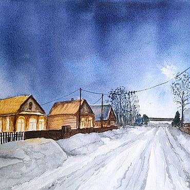 Картины и панно ручной работы. Ярмарка Мастеров - ручная работа Ночь в деревне акварелью (синий коричневый беж акварель). Handmade.