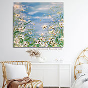 Картины и панно handmade. Livemaster - original item Landscape with blue clouds and abstract white flowers.. Handmade.