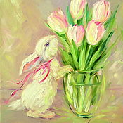 Картины и панно handmade. Livemaster - original item Oil painting on canvas. Delicate aromas of spring. Tulips Rabbit. Handmade.