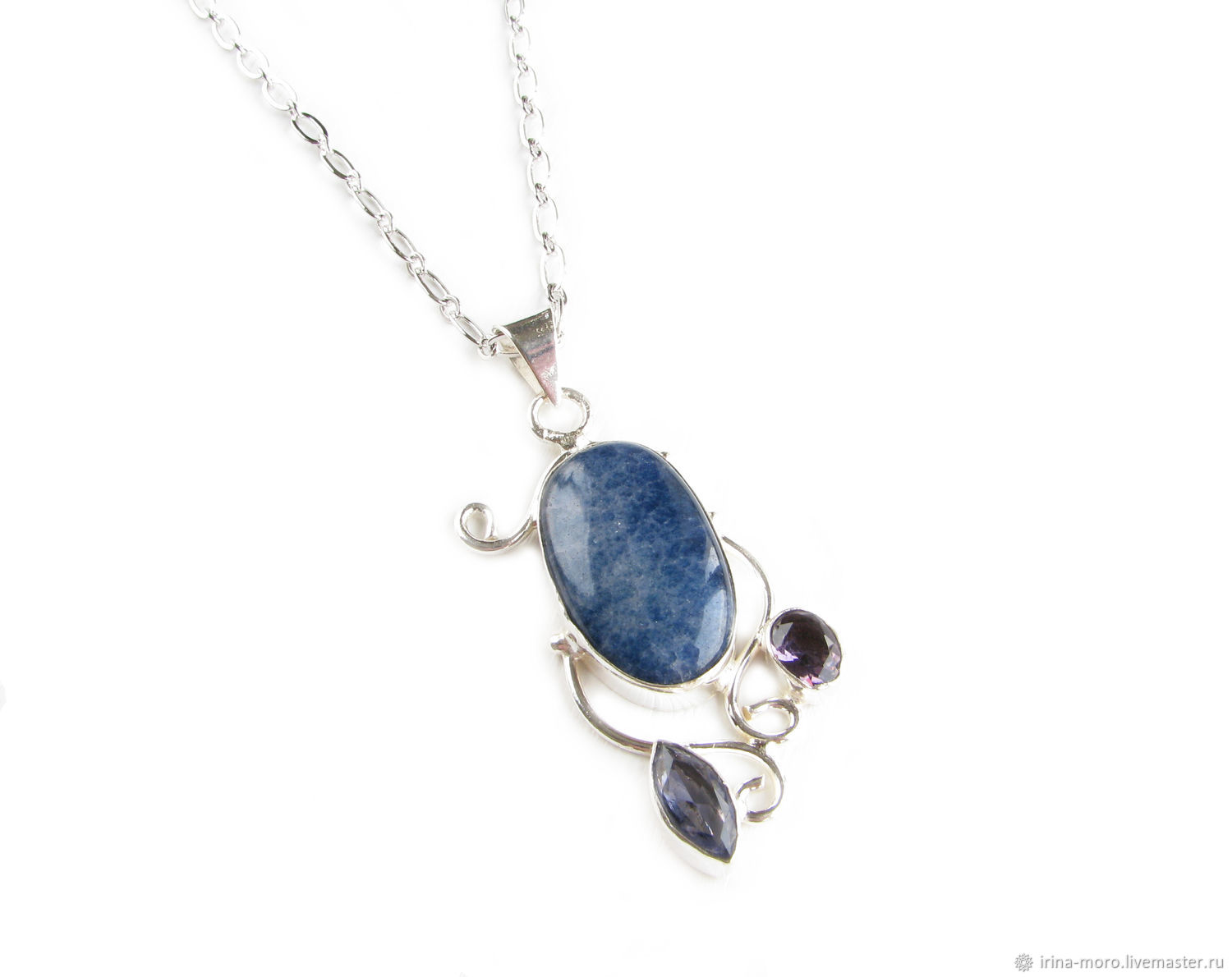 Sodalite and Amethyst pendant on a chain, blue three stone pendant, Pendant, Moscow,  Фото №1