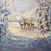 Картины и панно handmade. Livemaster - original item Oil painting Happy Family winter landscape with deer. Handmade.