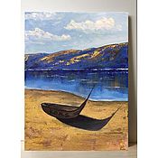 Картины и панно handmade. Livemaster - original item Small oil painting, landscape with mountains and boat 
